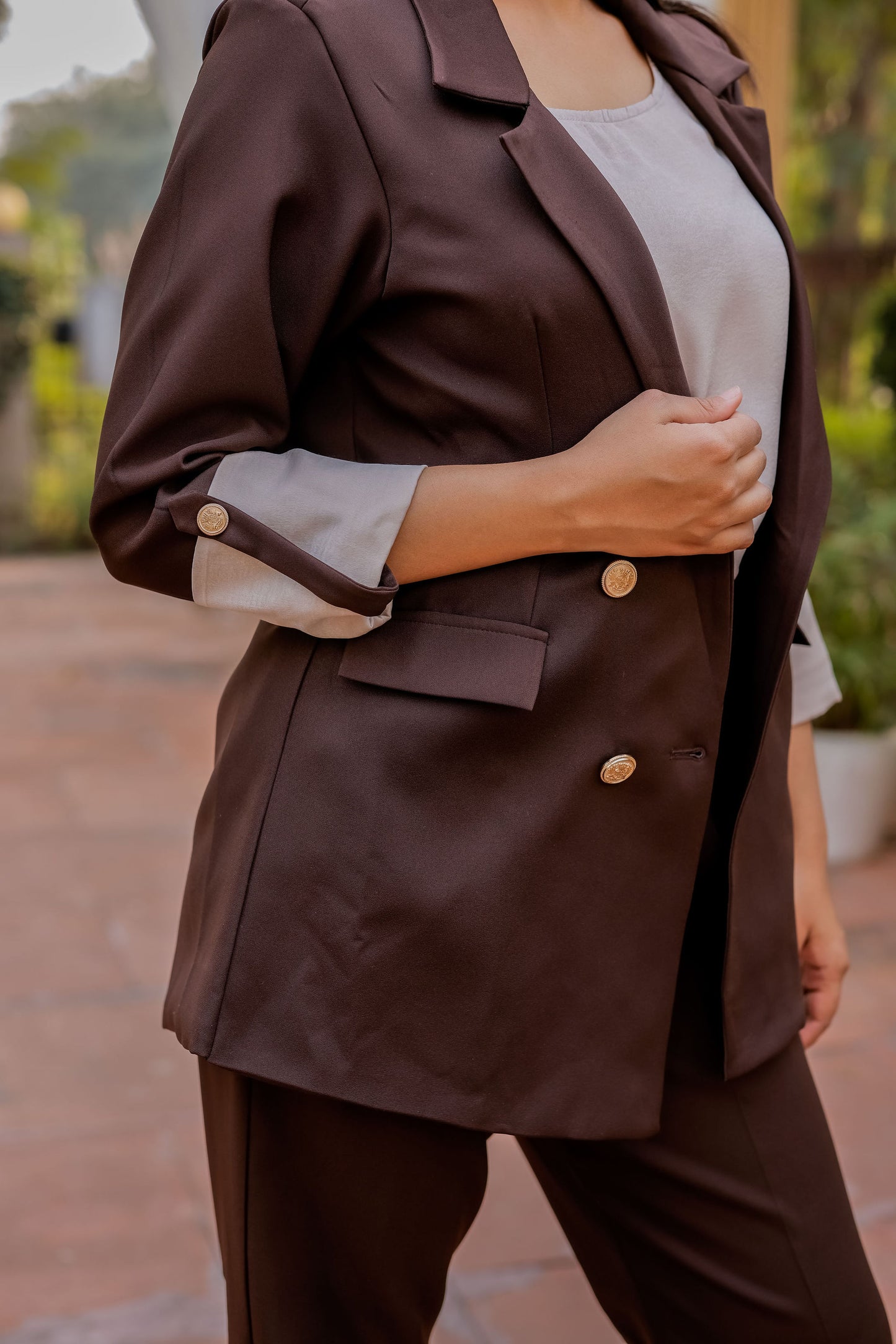 Brown Crepe coat & Pants Co ord set  with Cream Satin Detailing on Cuffs and gold butoons EWCO0028-BRNPT