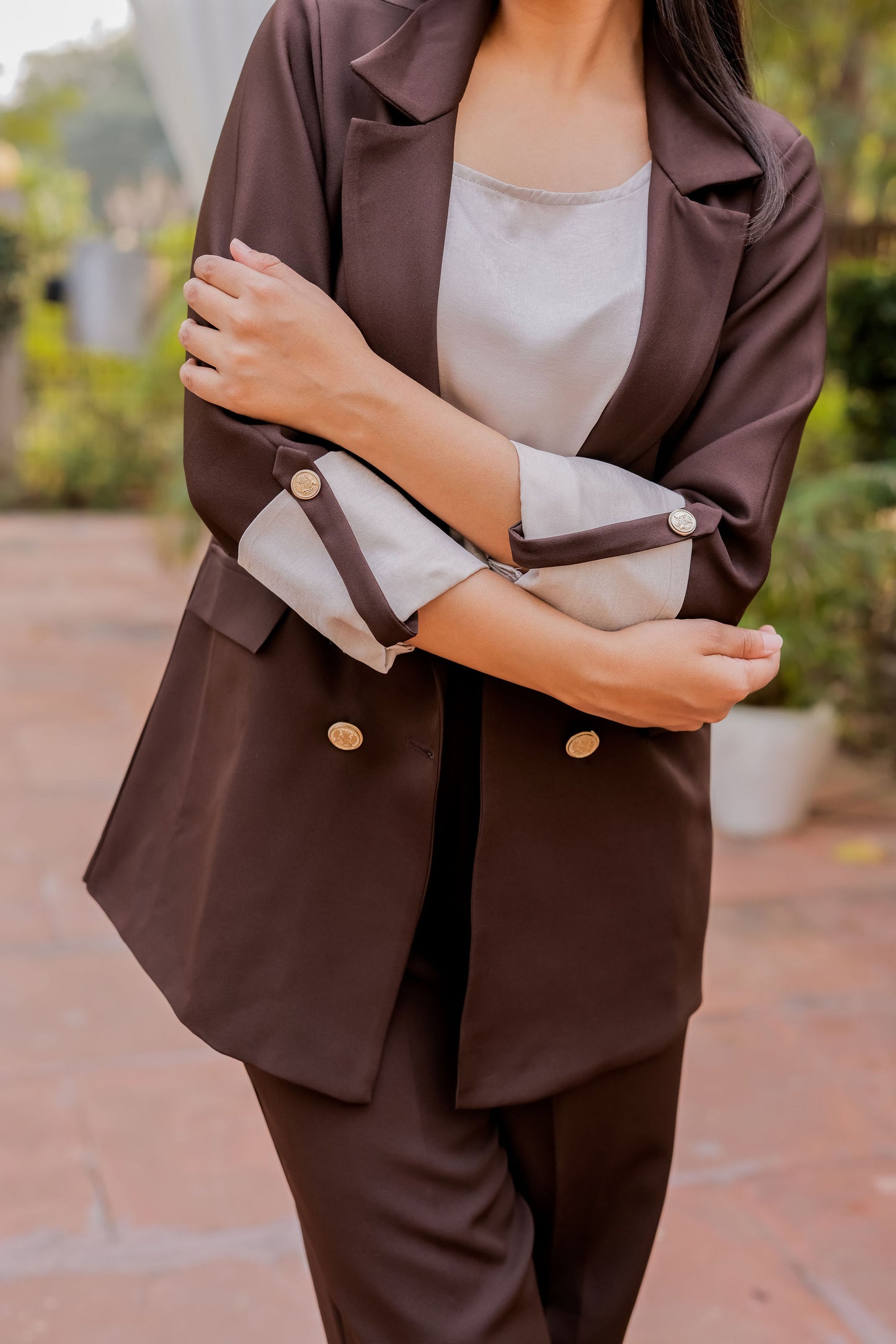 Brown Crepe coat & Pants Co ord set  with Cream Satin Detailing on Cuffs and gold butoons EWCO0028-BRNPT