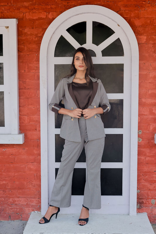 Brown Houndstooth coat & Pants Co ord set  with brown satin detailing and gold buttons EWCO0027-BRNPT