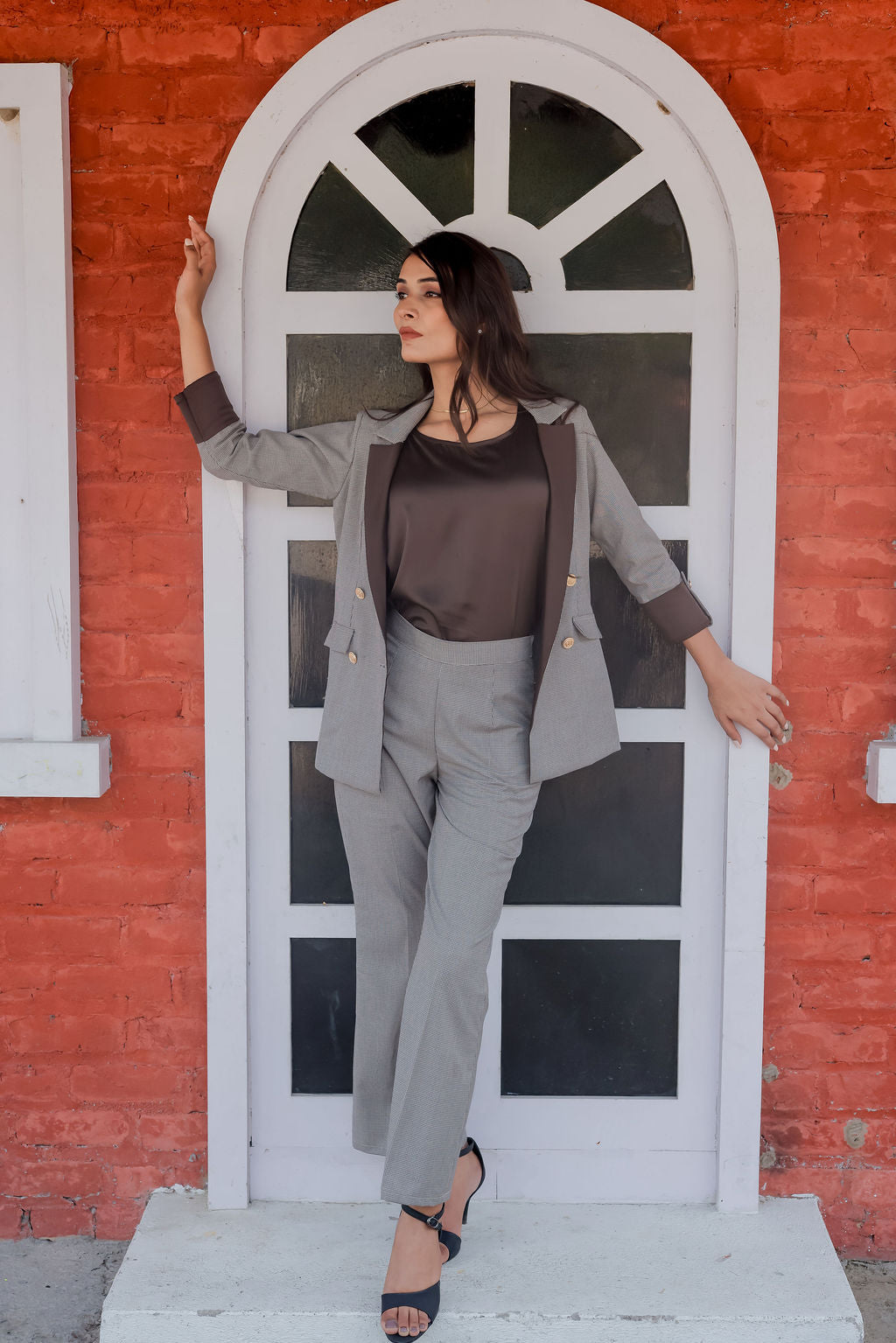 Brown Houndstooth coat & Pants Co ord set  with brown satin detailing and gold buttons EWCO0027-BRNPT