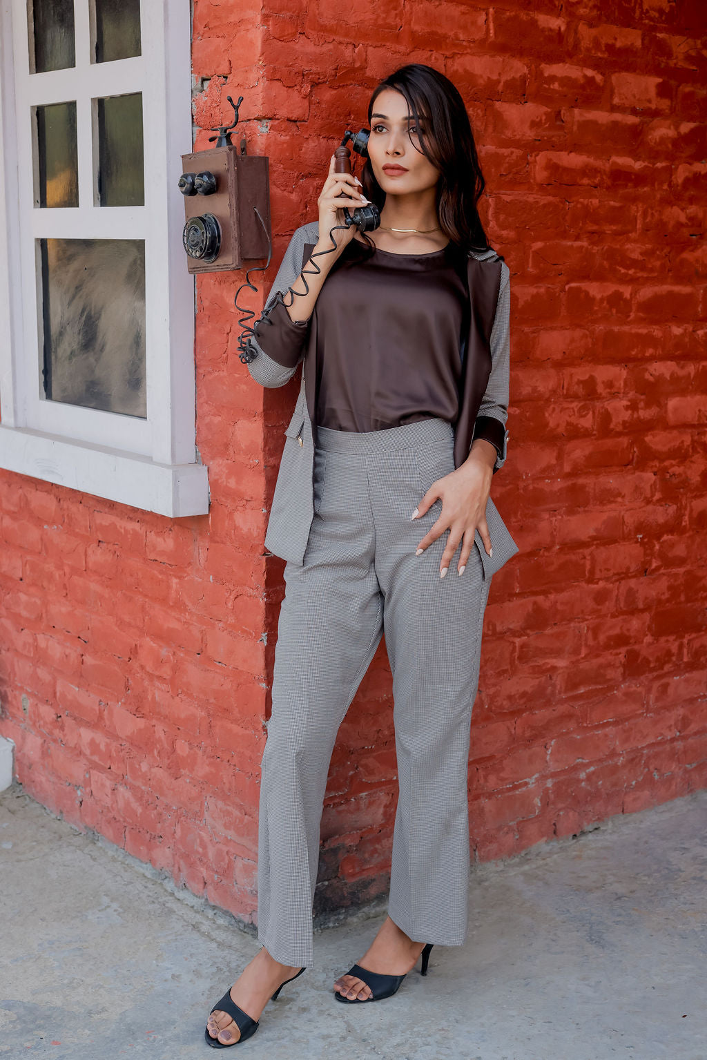 Brown Houndstooth coat & Pants Co ord set  with brown satin detailing and gold buttons EWCO0027-BRNPT