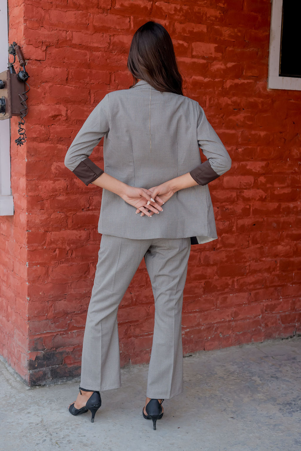 Brown Houndstooth coat with brown satin detailing and gold buttons EWCT0002-BRNGB