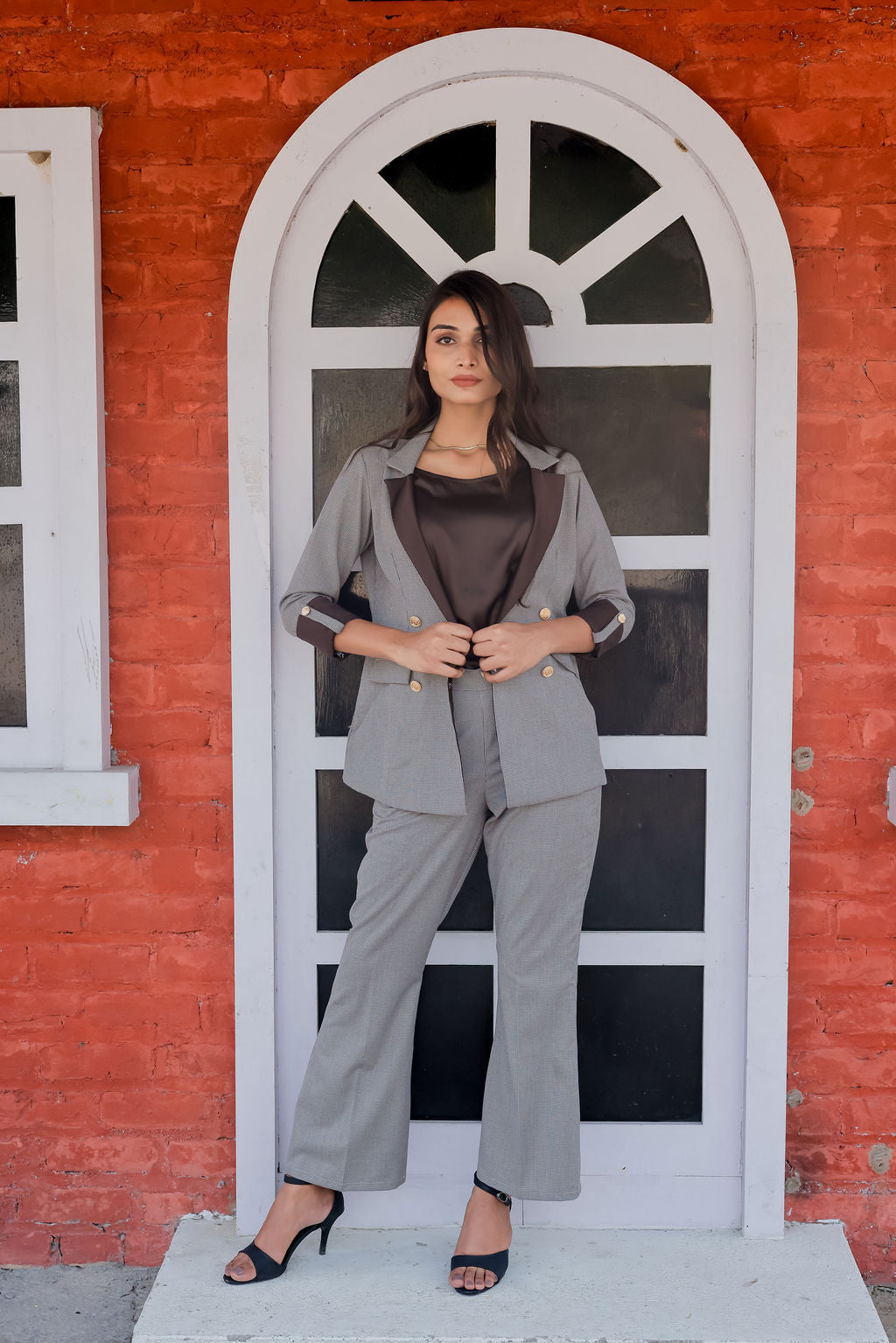 Brown Houndstooth pants with gold buttons detailing ESWPA0020-BRNGB