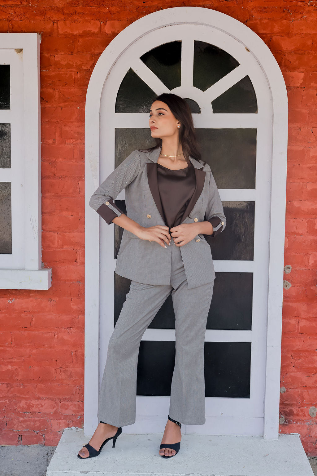 Brown Houndstooth pants with gold buttons detailing ESWPA0020-BRNGB