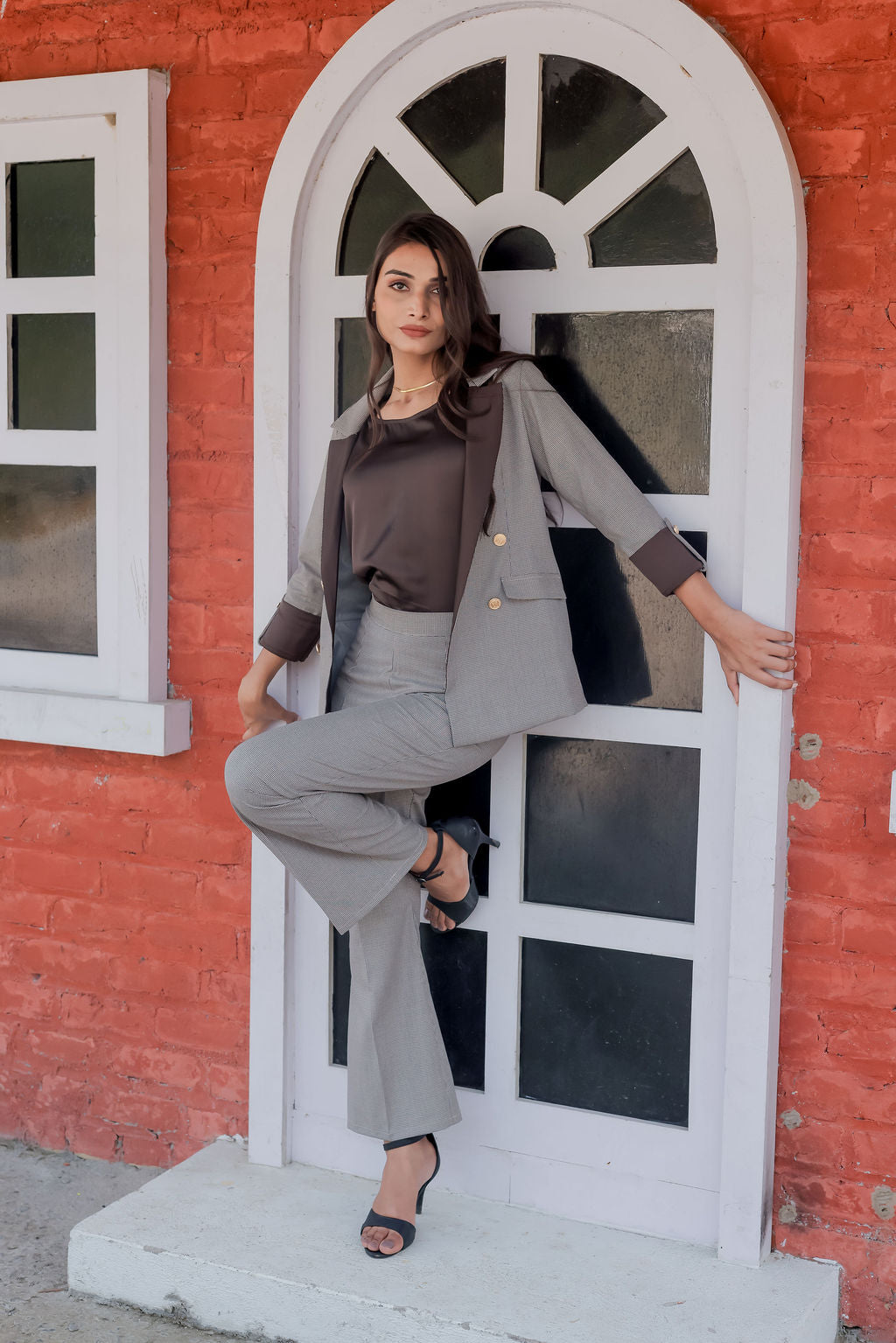 Brown Houndstooth pants with gold buttons detailing ESWPA0020-BRNGB