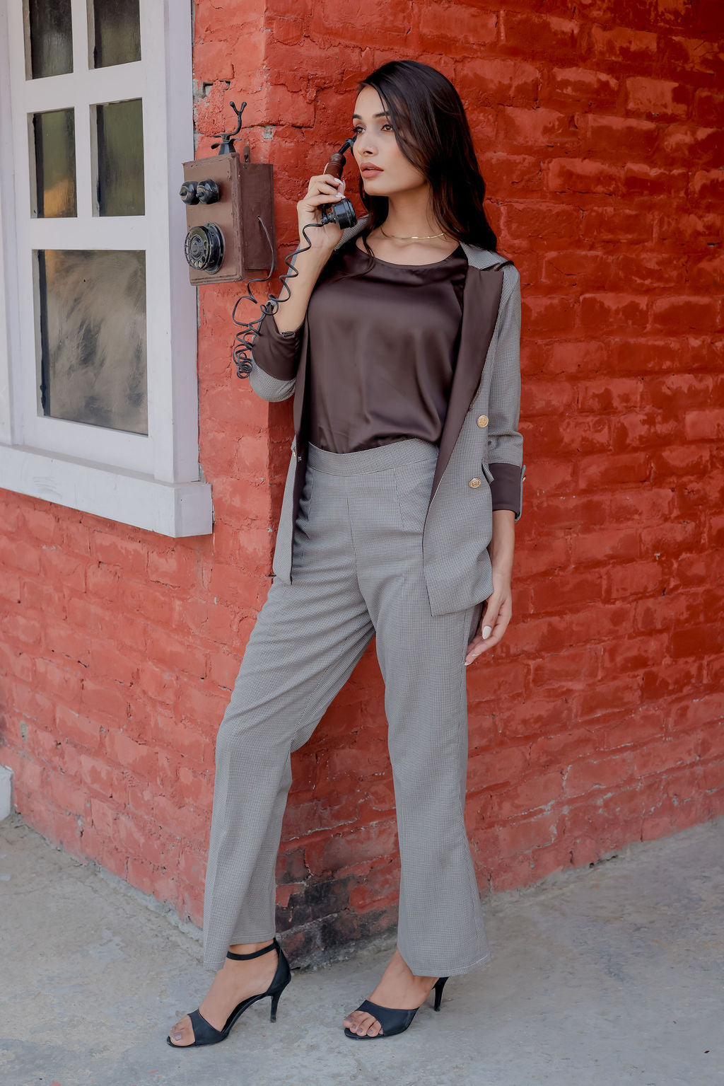 Brown Houndstooth pants with gold buttons detailing ESWPA0020-BRNGB