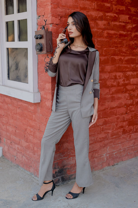 Brown Houndstooth pants with gold buttons detailing ESWPA0020-BRNGB