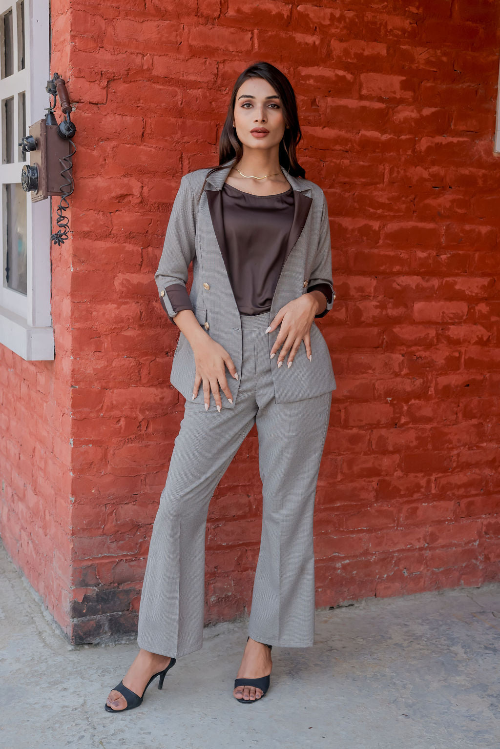 Brown Houndstooth pants with gold buttons detailing ESWPA0020-BRNGB