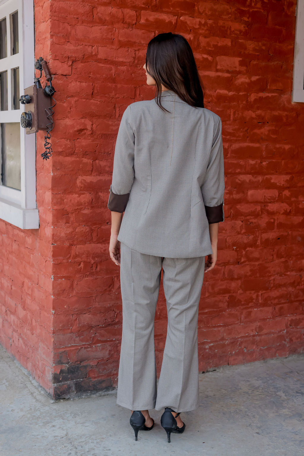 Brown Houndstooth pants with gold buttons detailing ESWPA0020-BRNGB