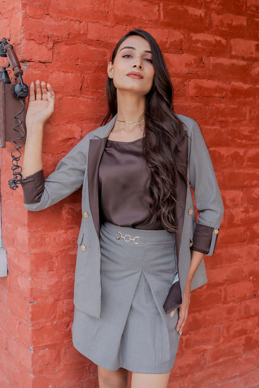 Brown Houndstooth coat & Skirt Co ord set  with brown satin detailing and gold buttons EWCO0027-BRNSK