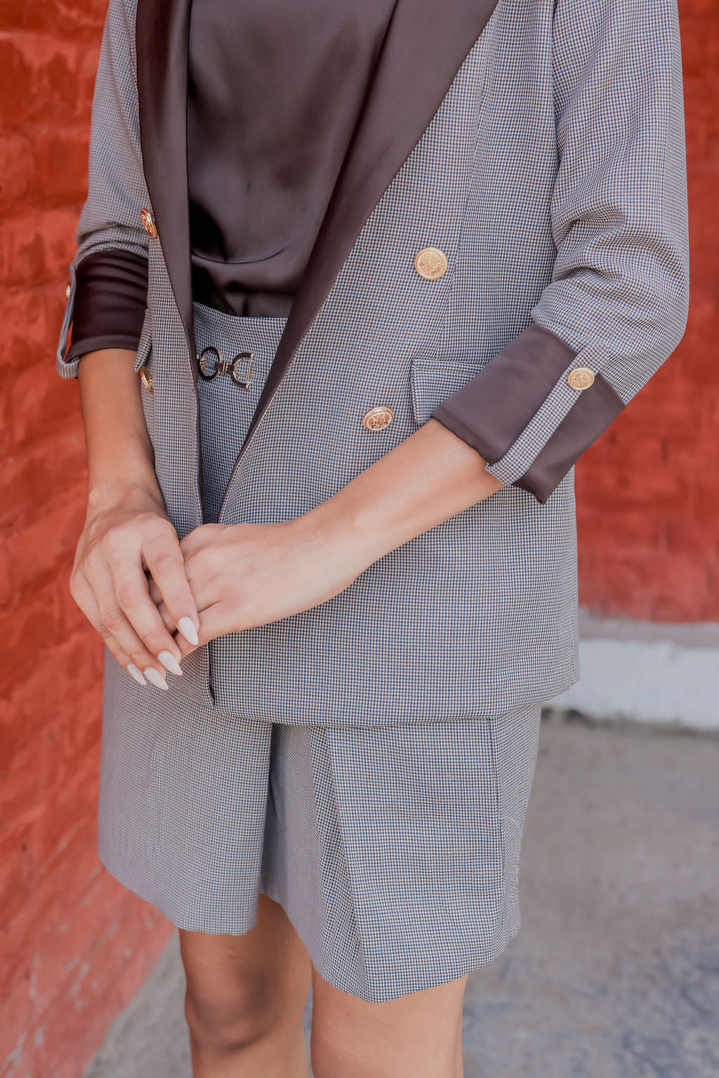 Brown Houndstooth coat & Skirt Co ord set  with brown satin detailing and gold buttons EWCO0027-BRNSK