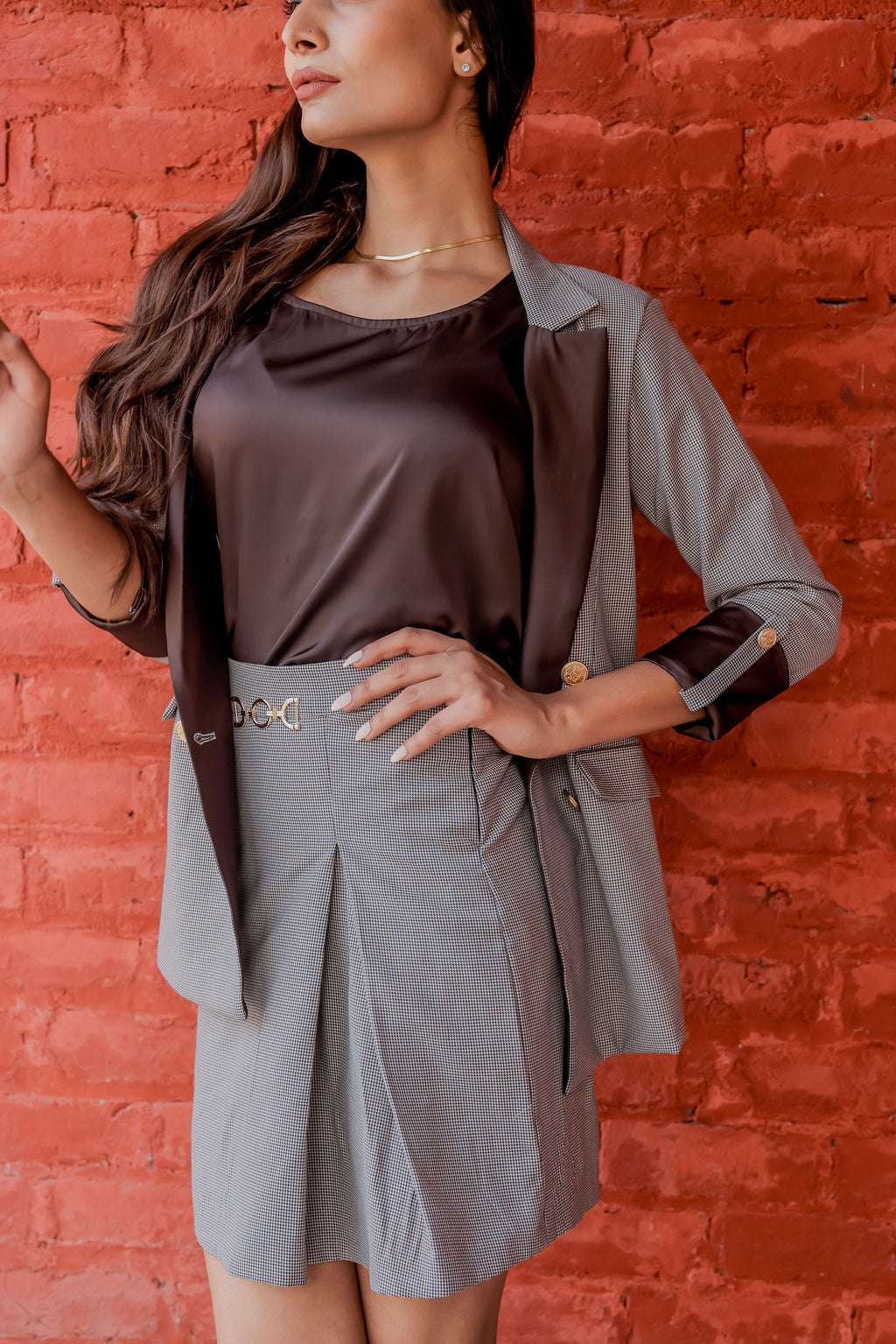 Brown Houndstooth coat & Skirt Co ord set  with brown satin detailing and gold buttons EWCO0027-BRNSK