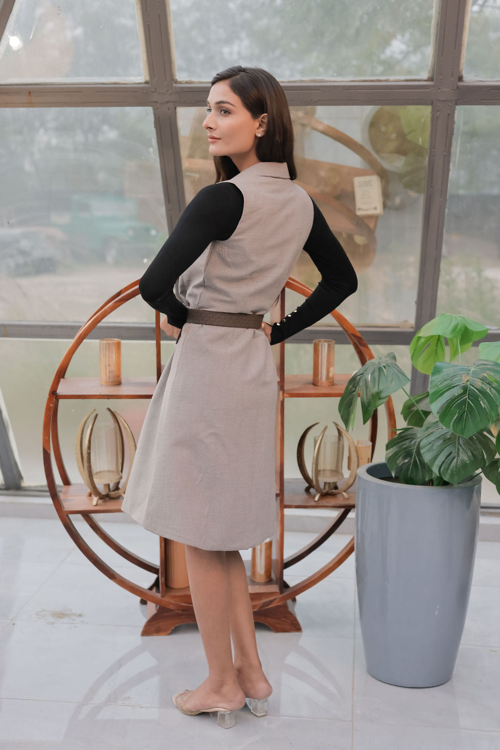 Brown Houndstooth wrap dress ESWDR0023-BRWBT (Belt and sweater not included)