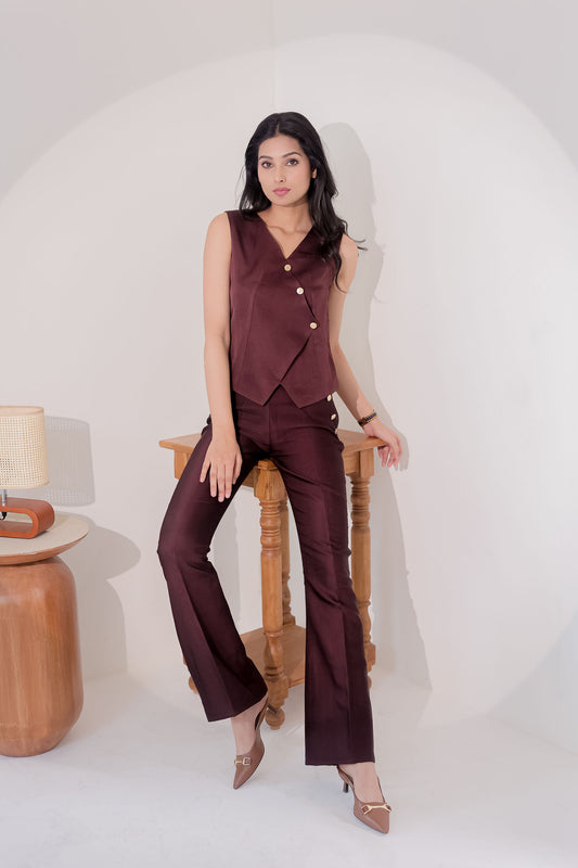 Wine linen satin pants with gold buttons ESWPA0001-WINNG
