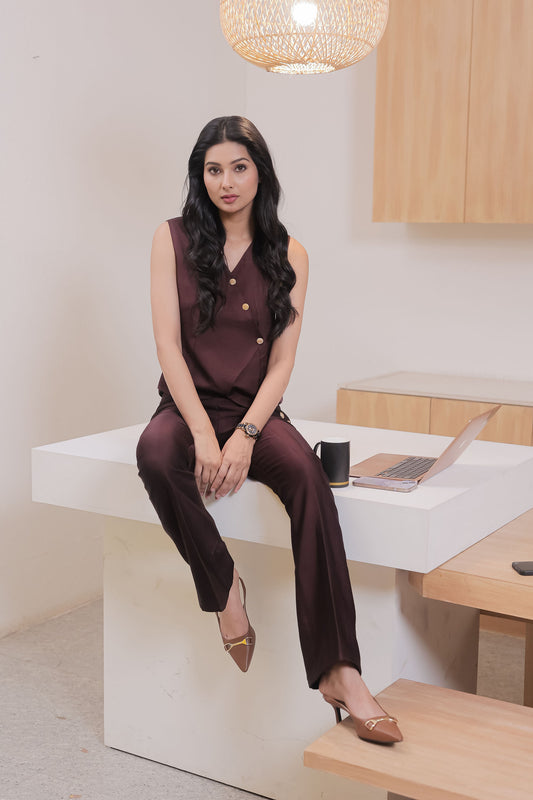 Wine linen satin pants with gold buttons ESWPA0001-WINNG