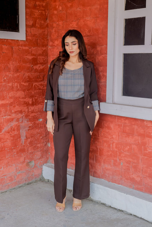 Brown crepe coat with Houndstooth & Pants Co ord set  cuff detailing and gold buttons EWCO0031-BRNPT