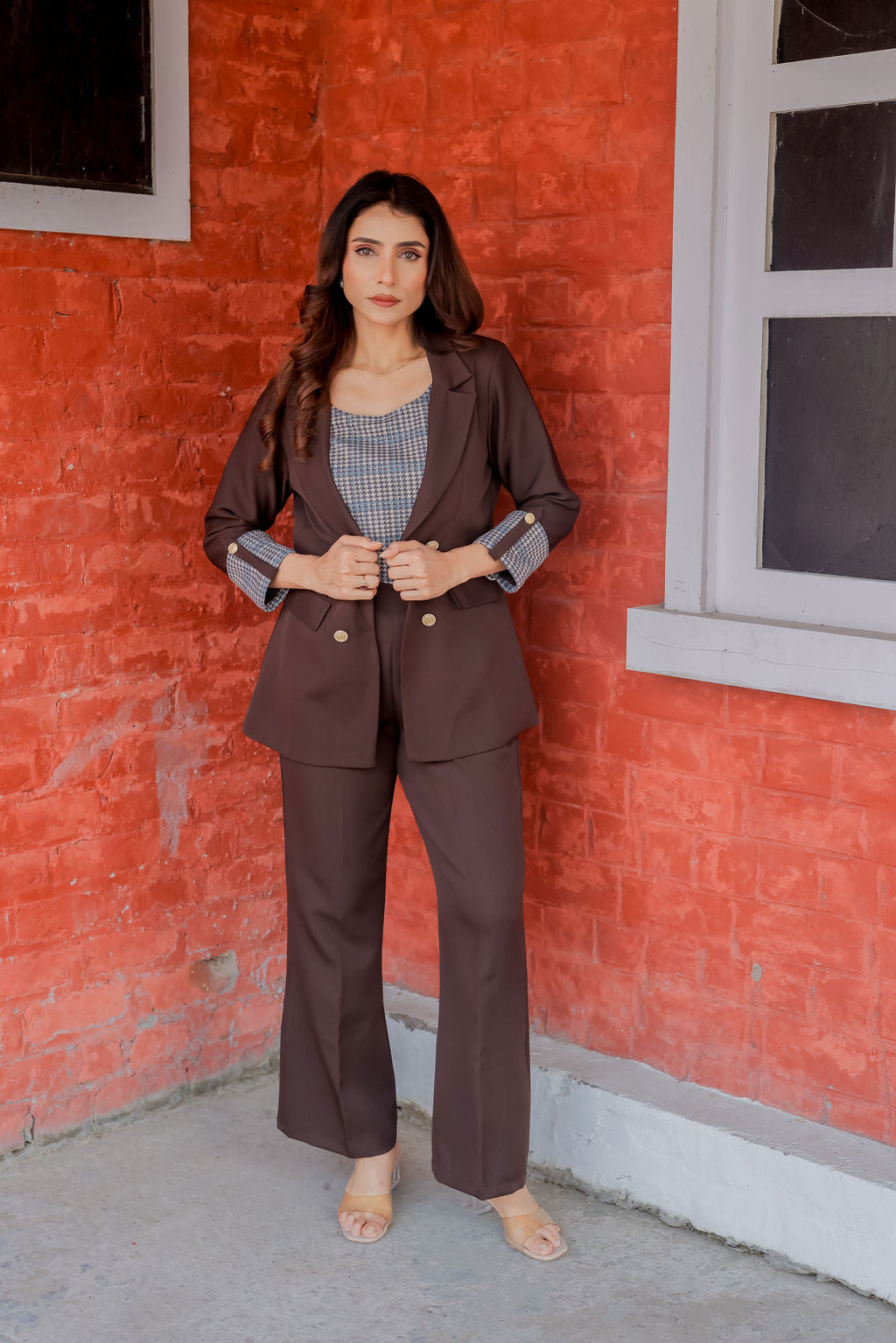 Brown crepe coat with Houndstooth & Pants Co ord set  cuff detailing and gold buttons EWCO0031-BRNPT