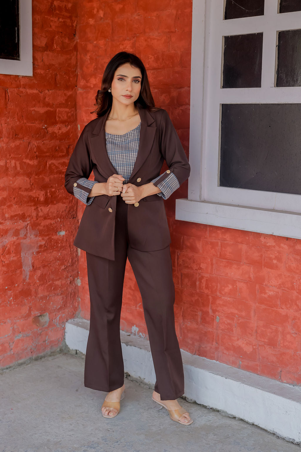 Brown crepe coat with Houndstooth cuff detailing and gold buttons EWCT0006-BRNGB