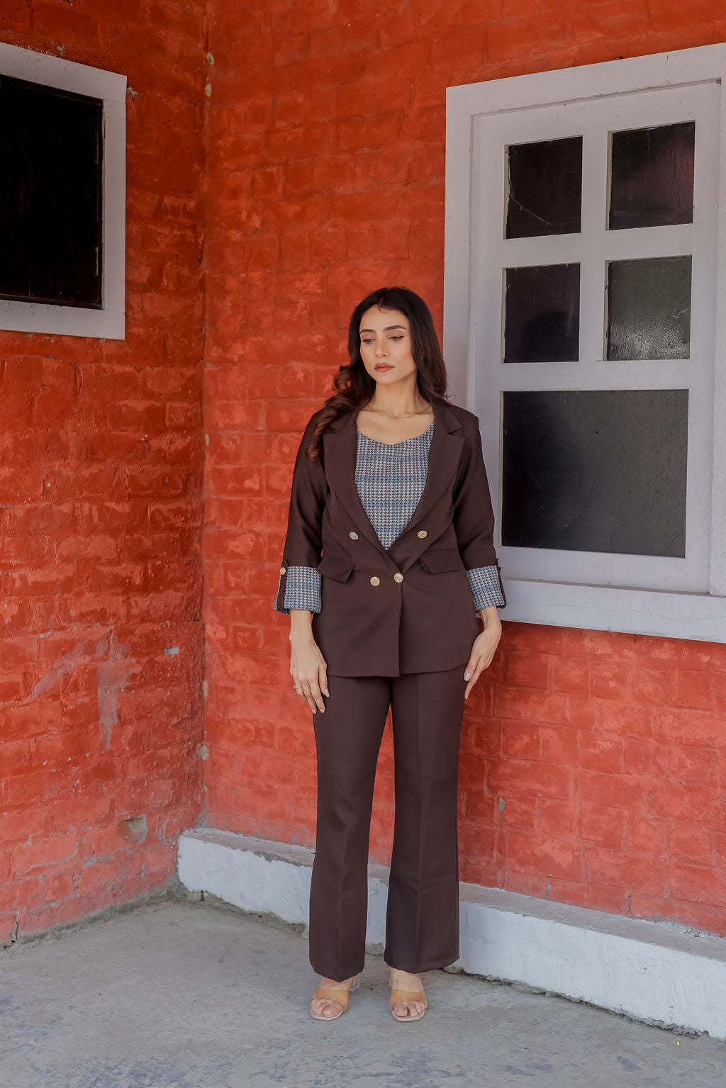 Brown crepe coat with Houndstooth & Pants Co ord set  cuff detailing and gold buttons EWCO0031-BRNPT