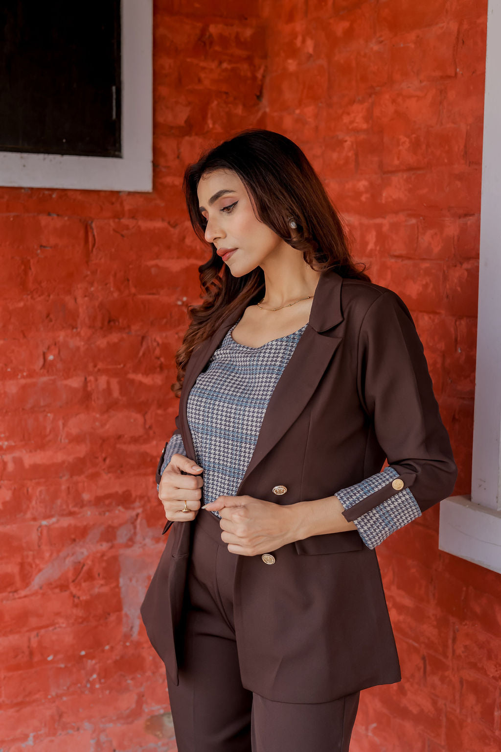 Brown crepe coat with Houndstooth cuff detailing and gold buttons EWCT0006-BRNGB