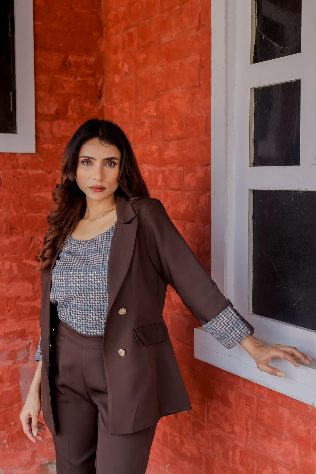 Brown crepe coat with Houndstooth & Pants Co ord set  cuff detailing and gold buttons EWCO0031-BRNPT