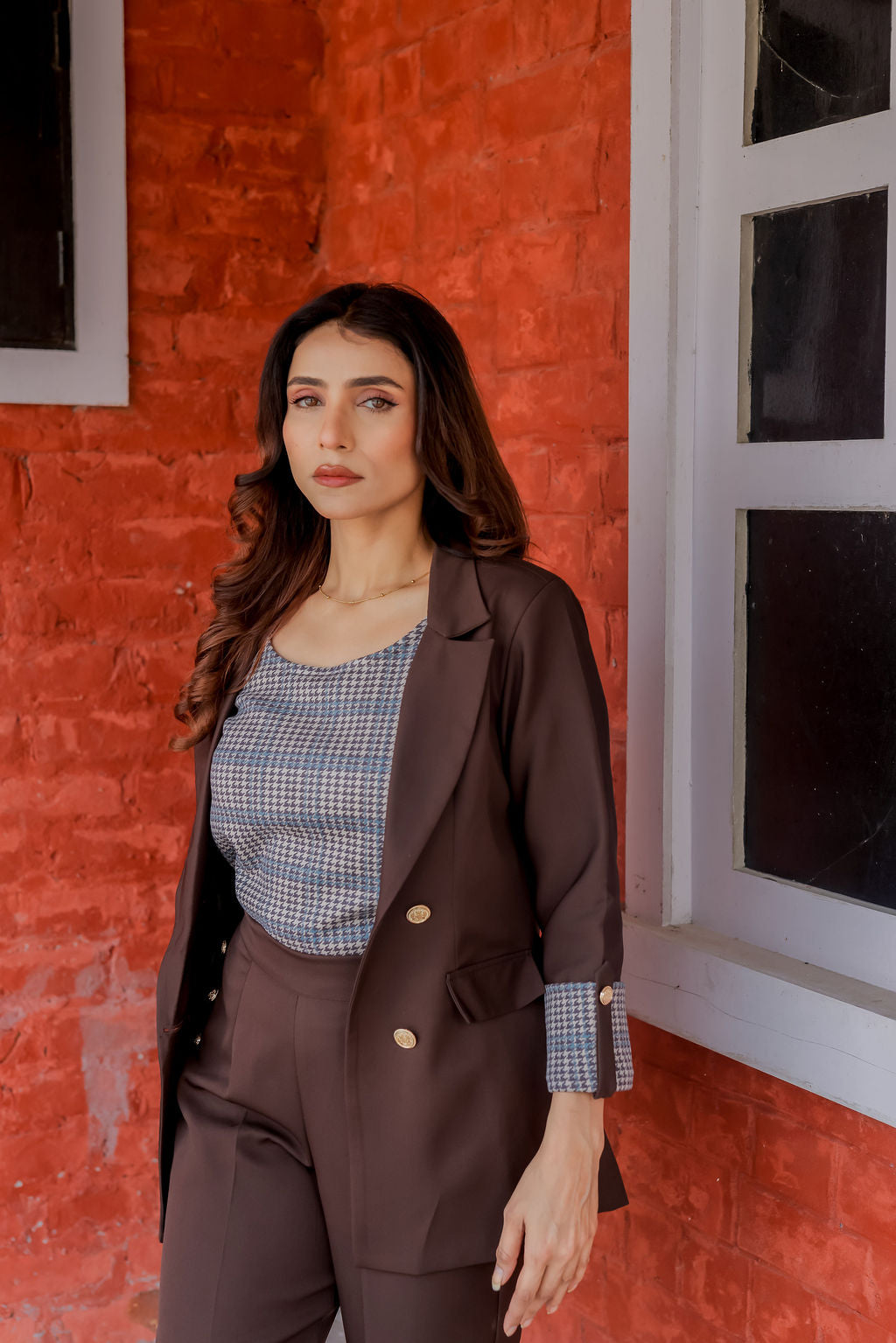 Brown crepe coat with Houndstooth cuff detailing and gold buttons EWCT0006-BRNGB