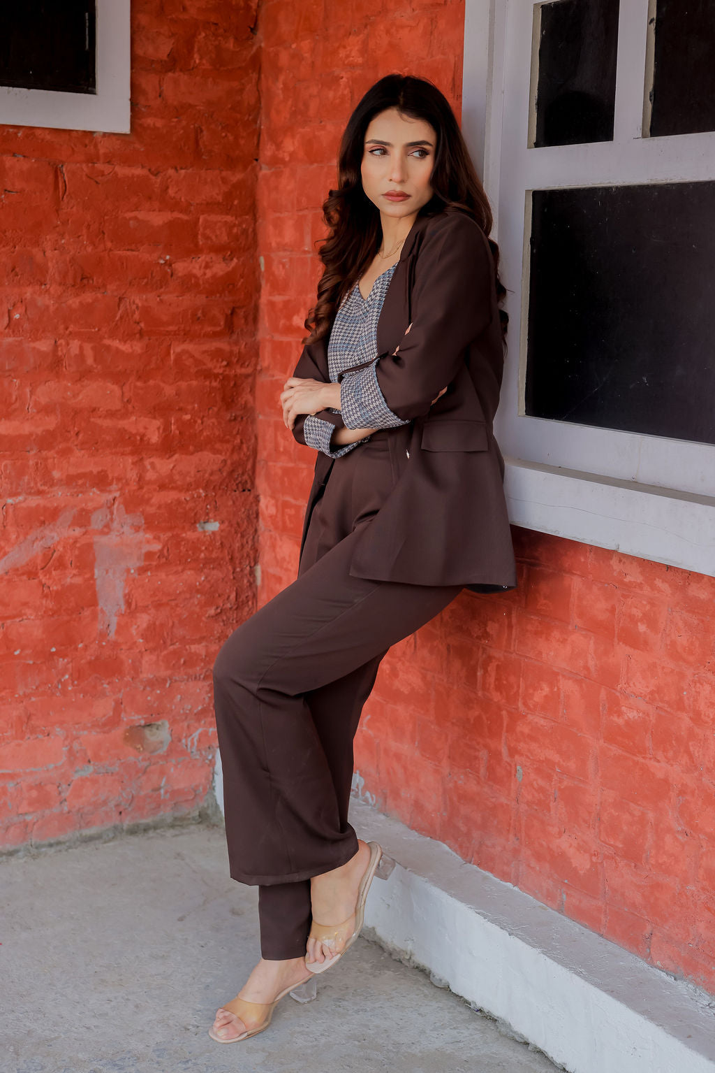 Brown crepe coat with Houndstooth cuff detailing and gold buttons EWCT0006-BRNGB