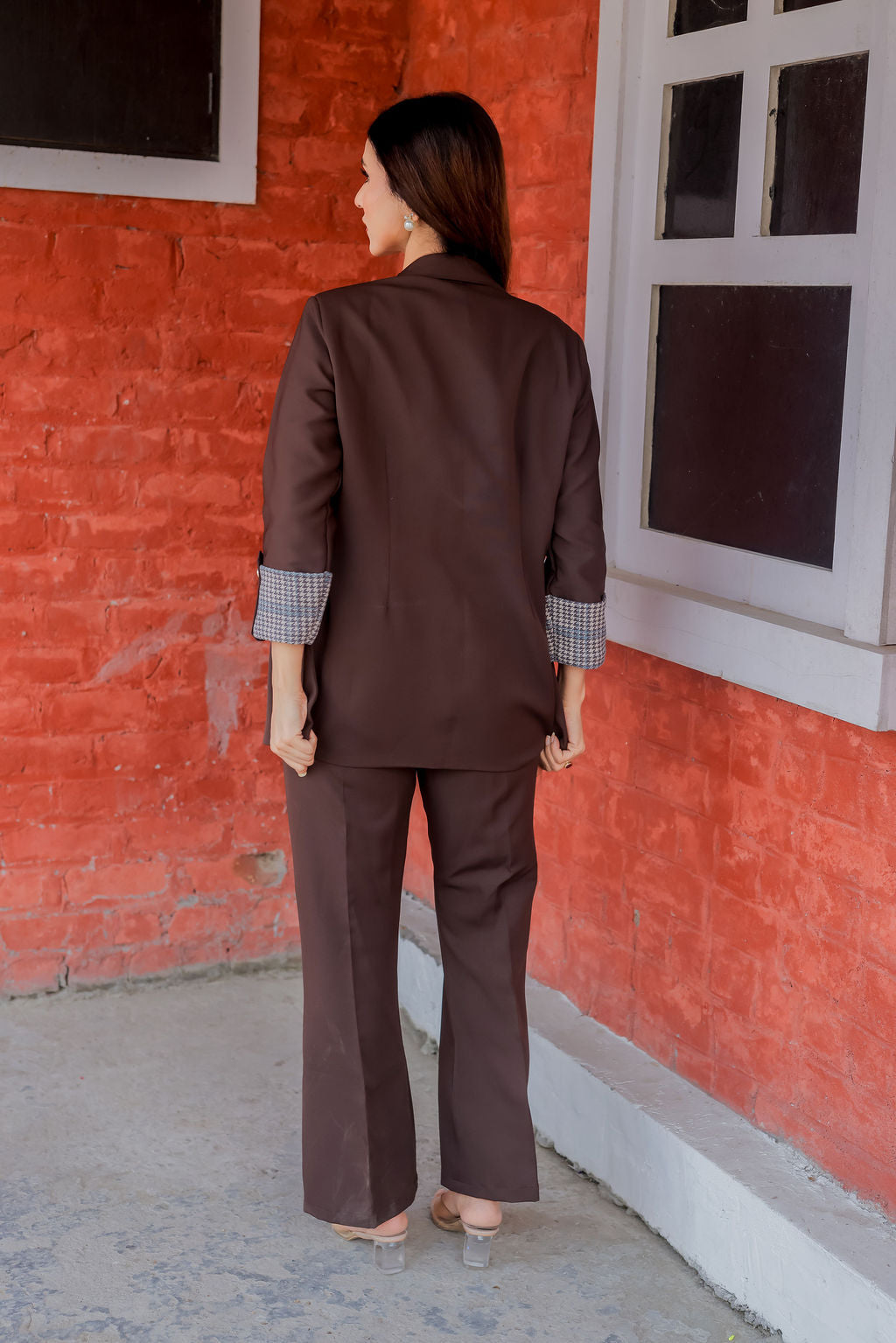 Brown crepe coat with Houndstooth & Pants Co ord set  cuff detailing and gold buttons EWCO0031-BRNPT