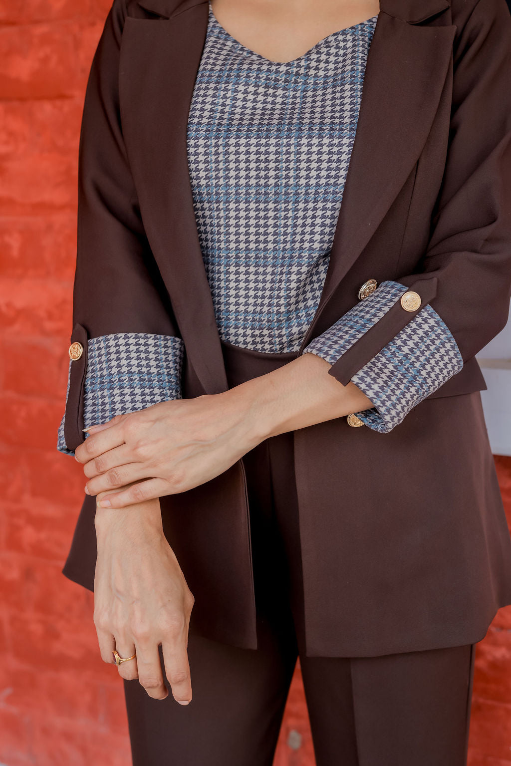 Brown crepe coat with Houndstooth cuff detailing and gold buttons EWCT0006-BRNGB