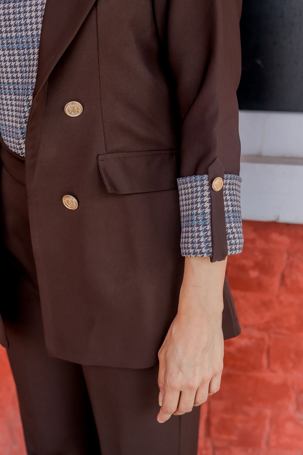 Brown crepe coat with Houndstooth & Pants Co ord set  cuff detailing and gold buttons EWCO0031-BRNPT