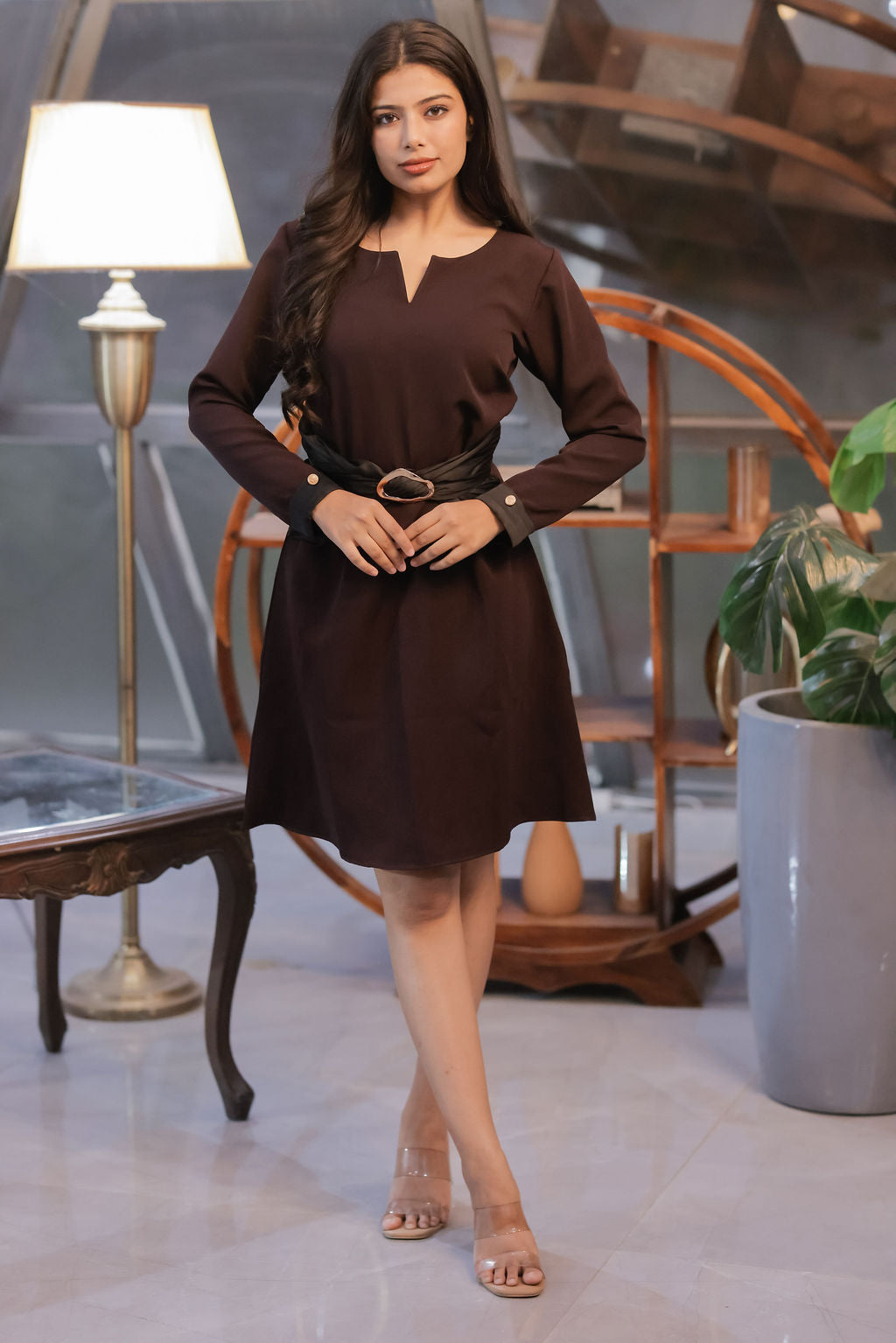 Brown crepe dress with black belt and gold buckle ESWDR0030-BRWBT