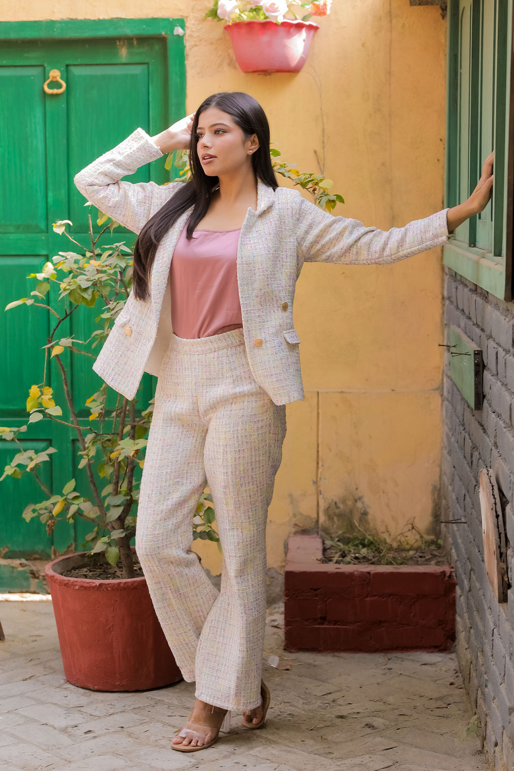 Colourful tweed fabric coat with gold buttons detailing EWCT0017-CLRGB