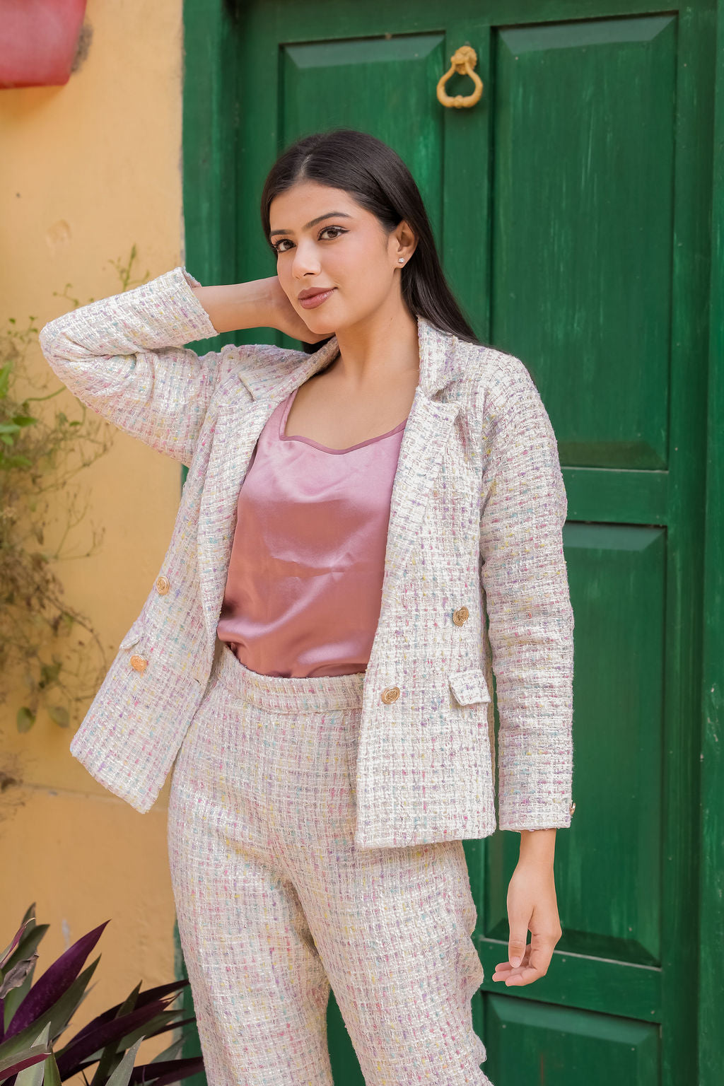 Colourful tweed fabric coat with gold buttons detailing EWCT0017-CLRGB