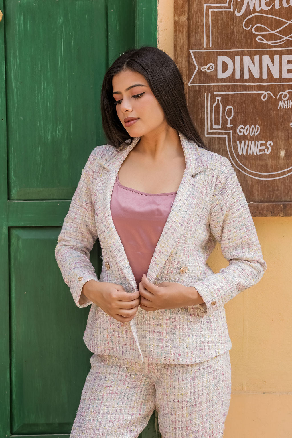 Colourful tweed fabric coat with gold buttons detailing EWCT0017-CLRGB