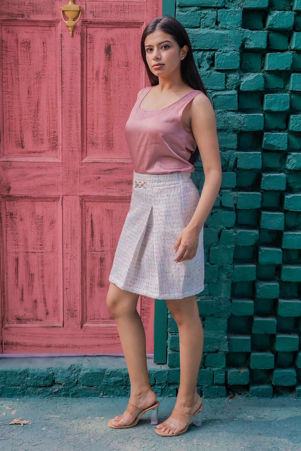 Colourful tweed knee length skirt  ESWSK0013-CLRGB