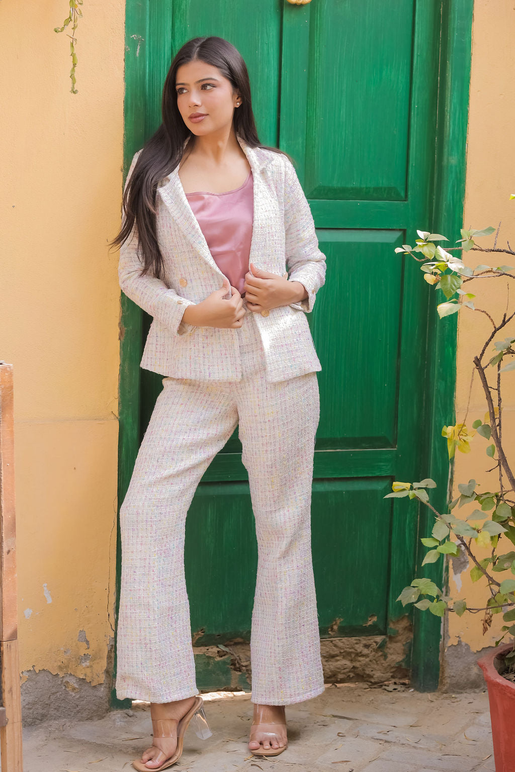 Colourful tweed pants with gold buttons detailing ESWPA0026-CLRGB