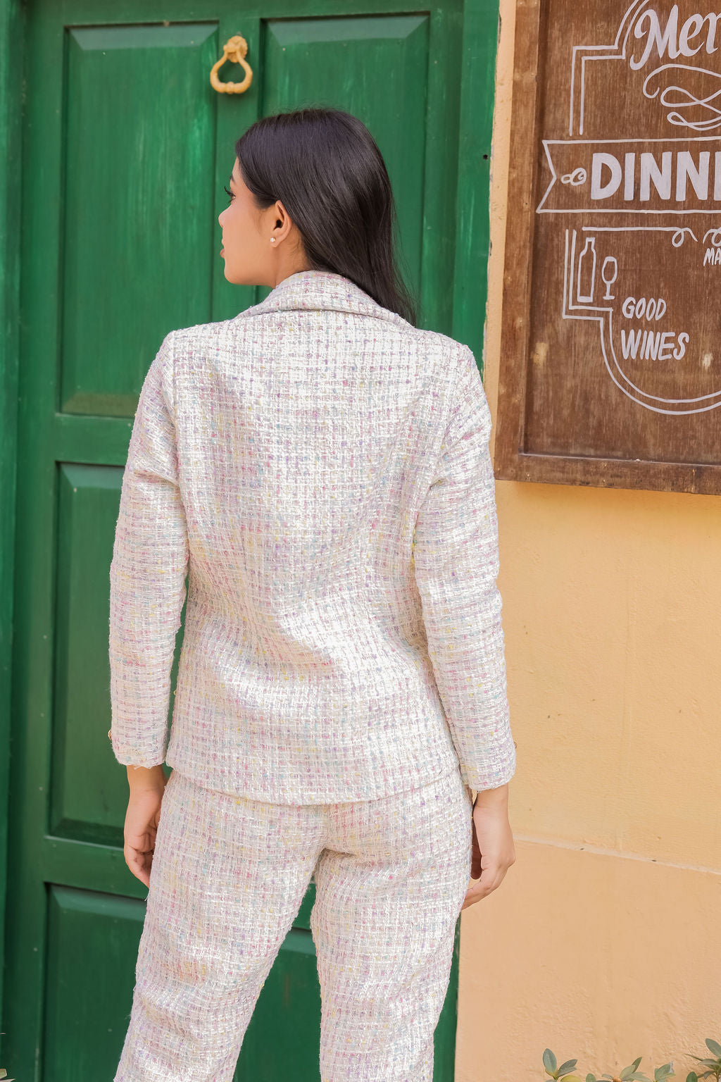 Colourful tweed pants with gold buttons detailing ESWPA0026-CLRGB