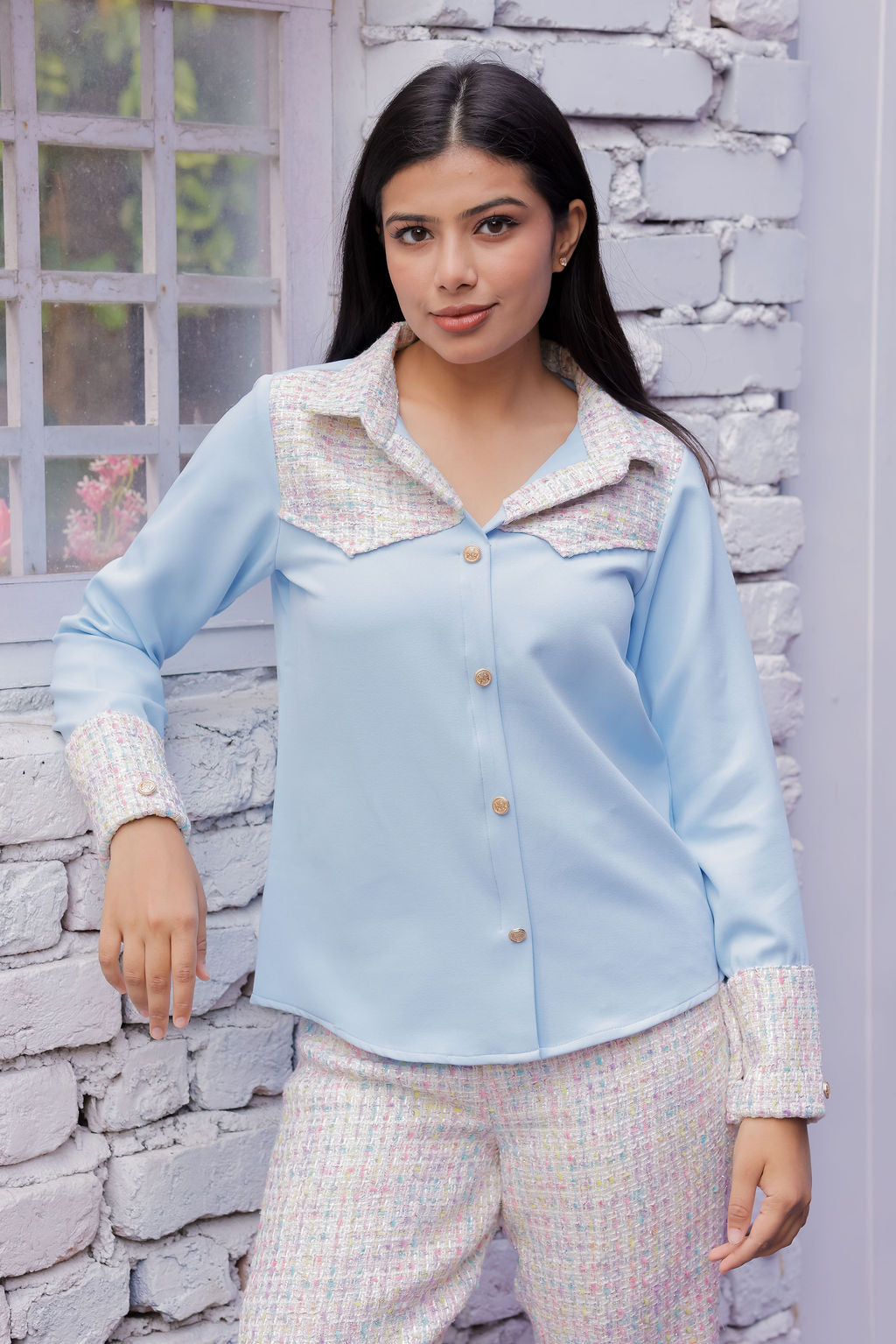 Colourful tweed shirt with blue fabric ESWSH0024-CLRGB