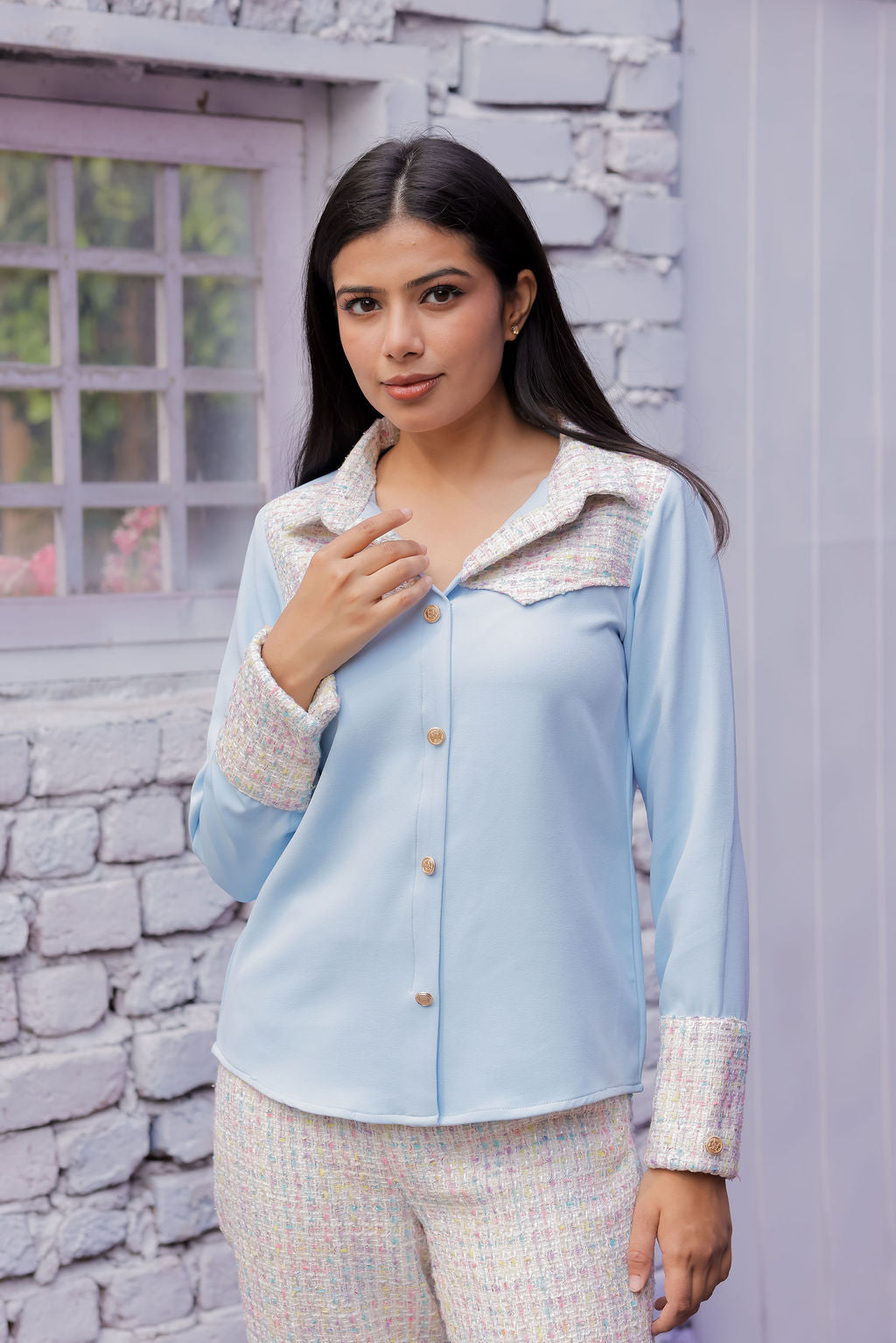 Colourful tweed Blue shirt with pants with gold buttons detailing Co Ord Set ESWSH0024-CLRGB