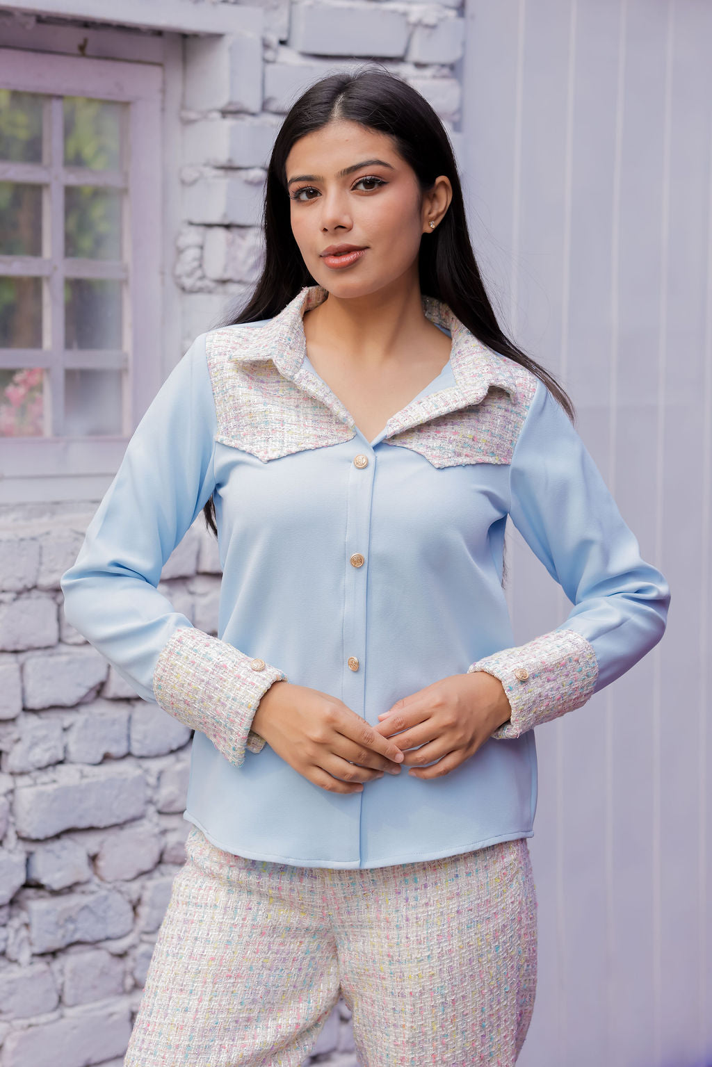 Colourful tweed shirt with blue fabric ESWSH0024-CLRGB