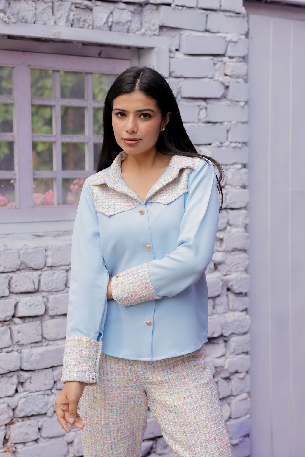 Colourful tweed Blue shirt with pants with gold buttons detailing Co Ord Set ESWSH0024-CLRGB