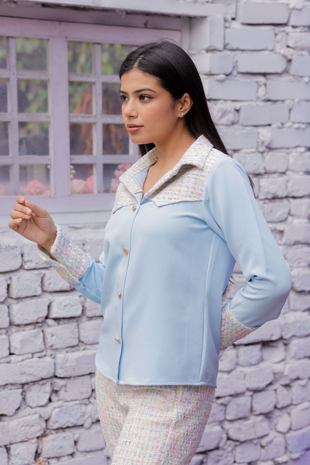 Colourful tweed Blue shirt with pants with gold buttons detailing Co Ord Set ESWSH0024-CLRGB