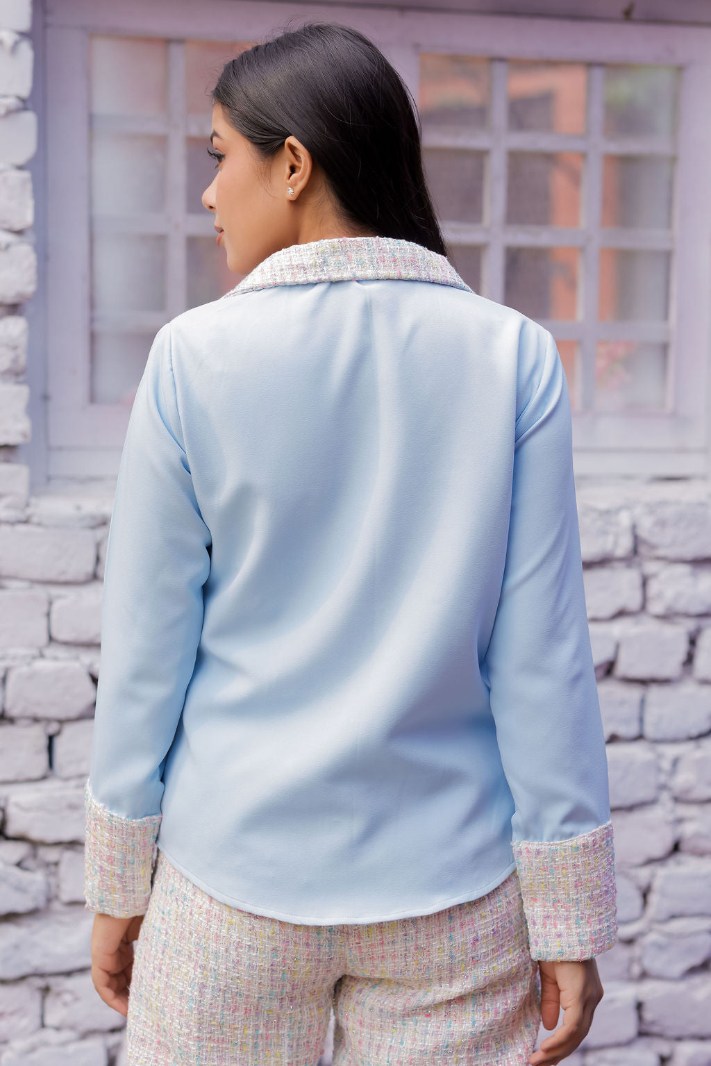 Colourful tweed Blue shirt with pants with gold buttons detailing Co Ord Set ESWSH0024-CLRGB