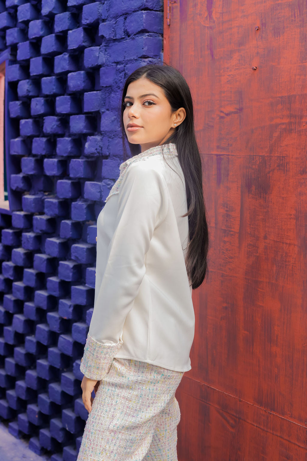 Colourful tweed shirt with tweed pants with gold buttons detailing Co Ord Set ESWSH0021-CLRGB