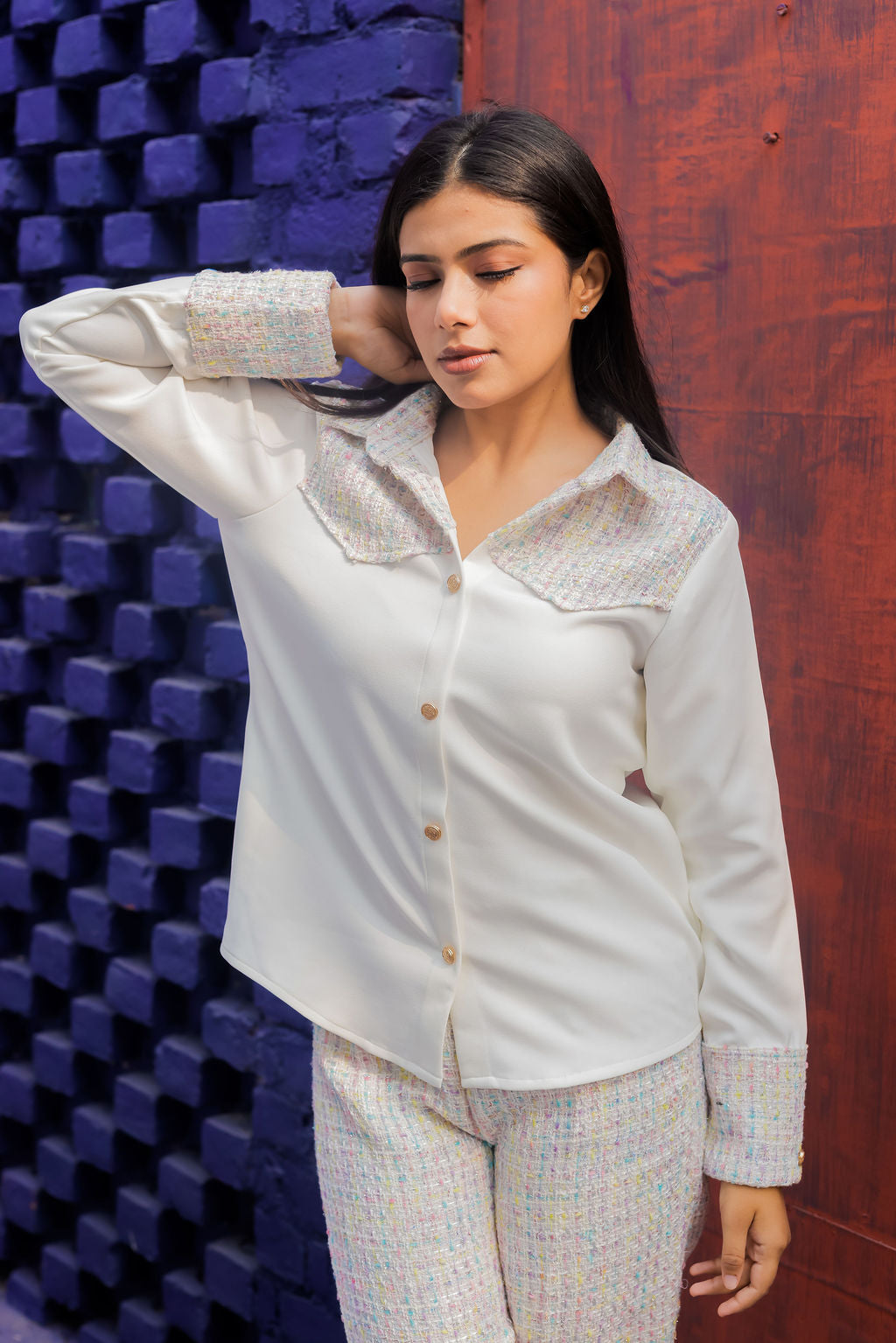 Colourful tweed shirt with tweed pants with gold buttons detailing Co Ord Set ESWSH0021-CLRGB