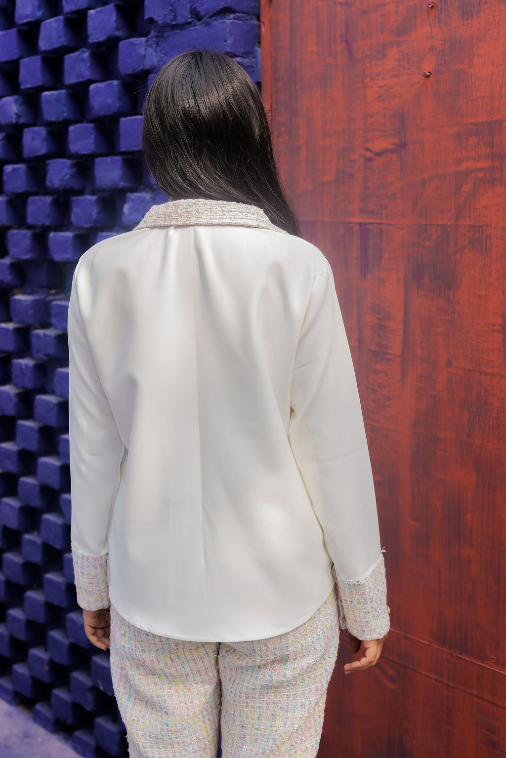 Colourful tweed shirt with tweed pants with gold buttons detailing Co Ord Set ESWSH0021-CLRGB