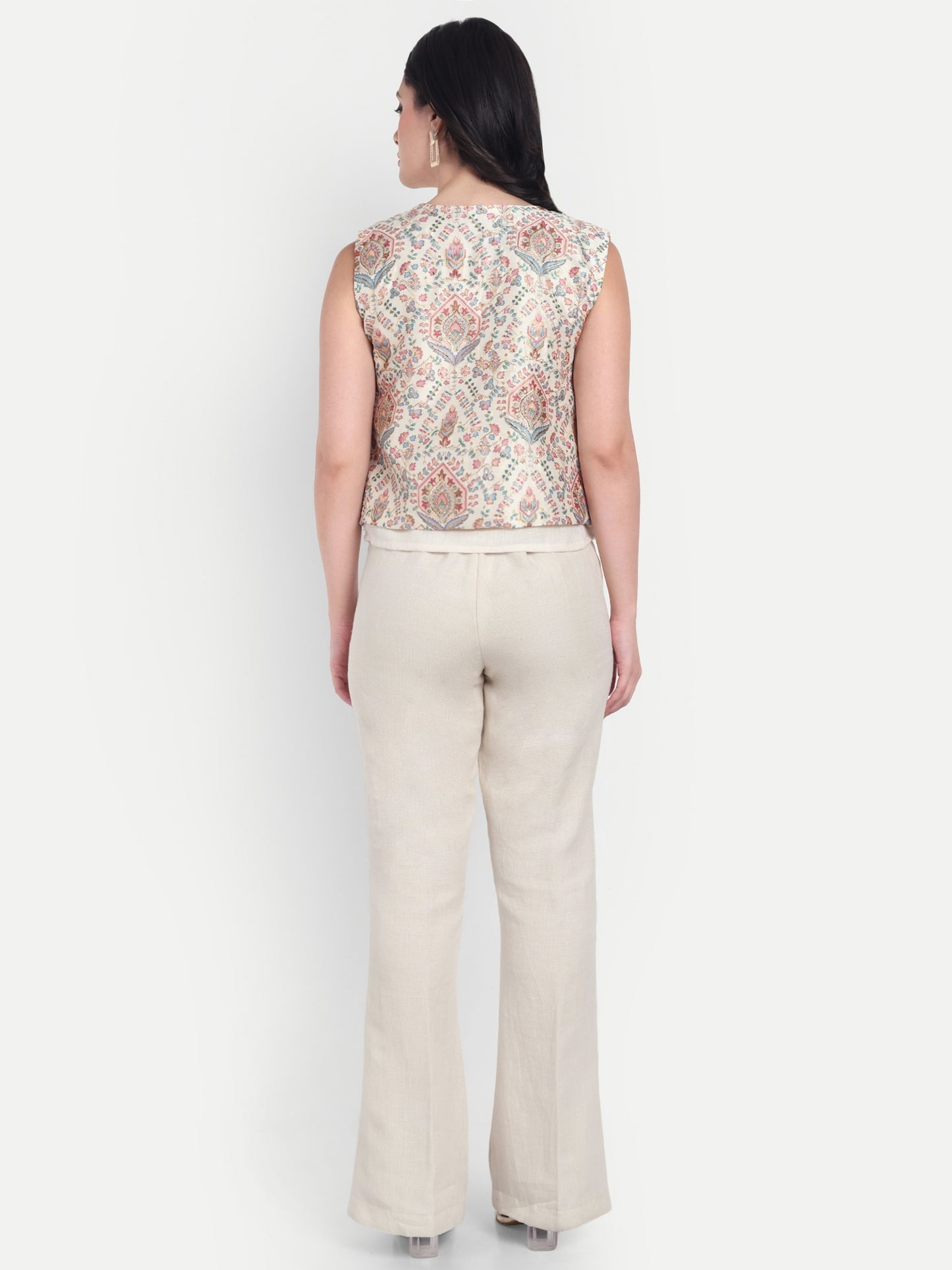 Cream 3-piece Coord Set with embroidered jacket-Esseneur