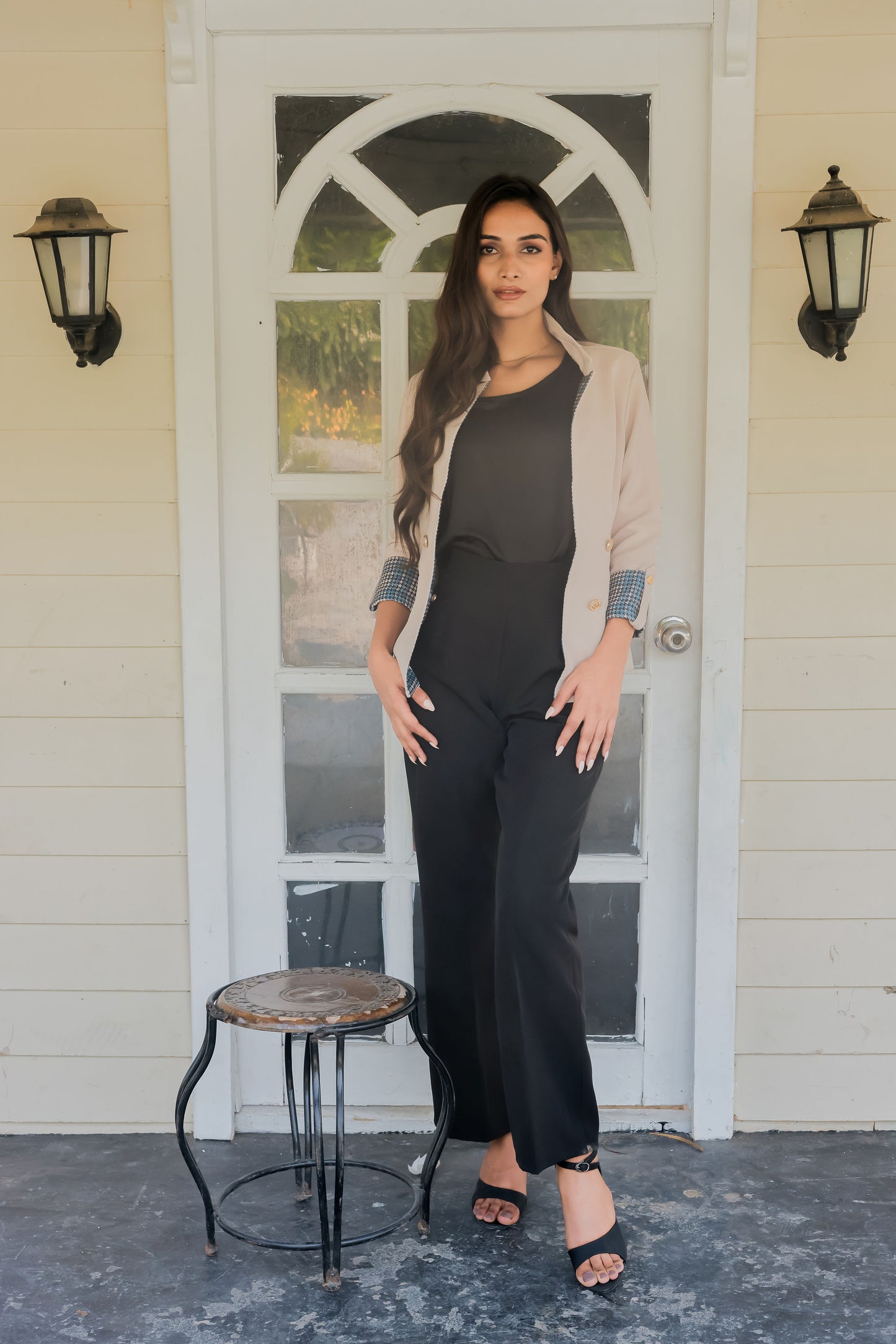 Cream crepe coat with houndstooth detailing and gold buttons EWCT0016-CRMGB