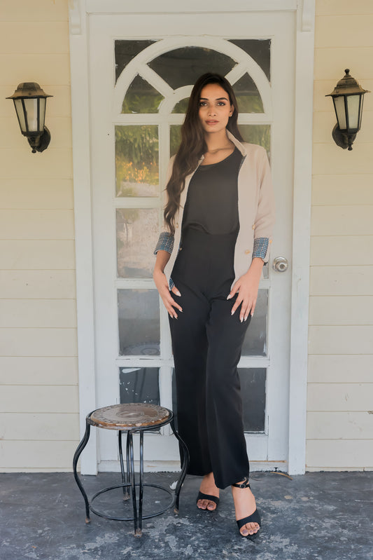 Cream crepe coat with houndstooth detailing and gold buttons & Pants Co ord set  EWCO0041-CRMPT