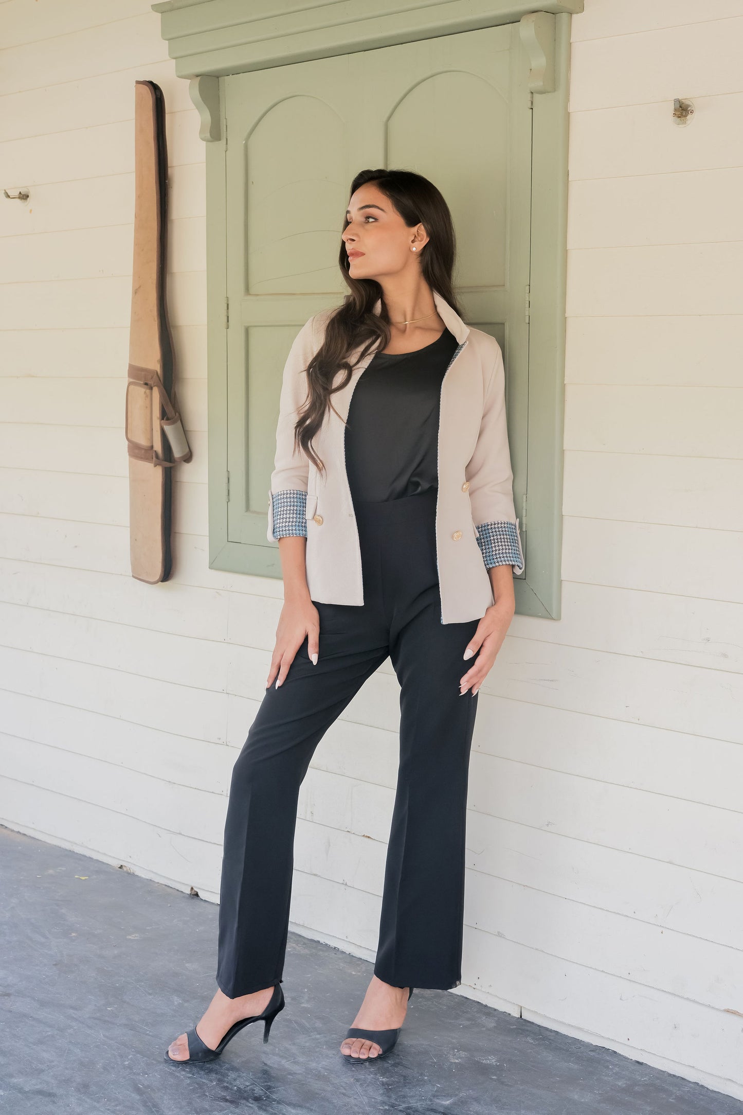 Cream crepe coat with houndstooth detailing and gold buttons EWCT0016-CRMGB